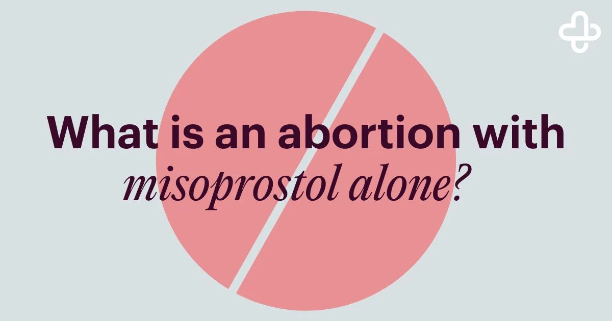 Graphic on a light grey background with text “What is an abortion with misoprostol alone?” over a pink circle.